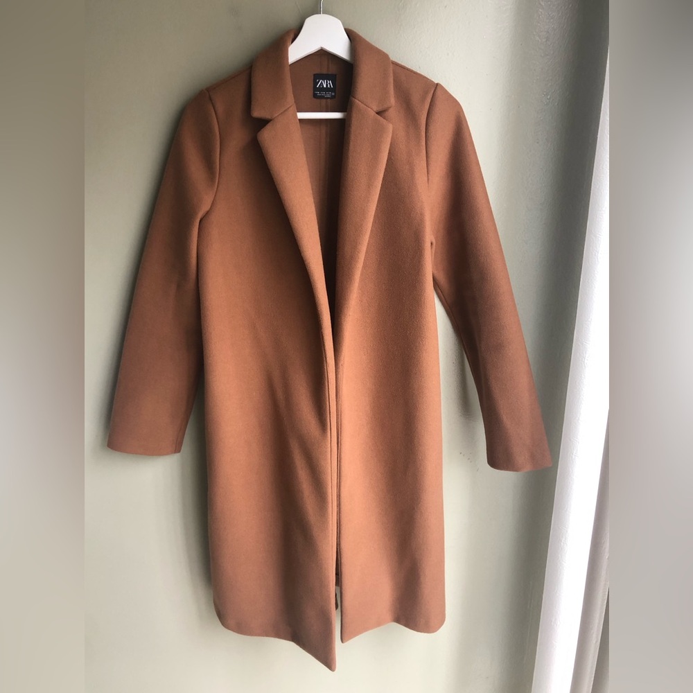 ZARA Women's Long Coat Camel Brown Size: M